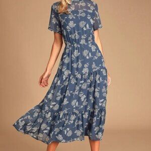 Lulus Dressed Up Dusty Blue Floral Print Midi Dress